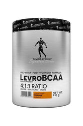 Kevin Levrone Levro BCAA supplement in orange flavor, 410g container with 4:1:1 amino acid ratio.